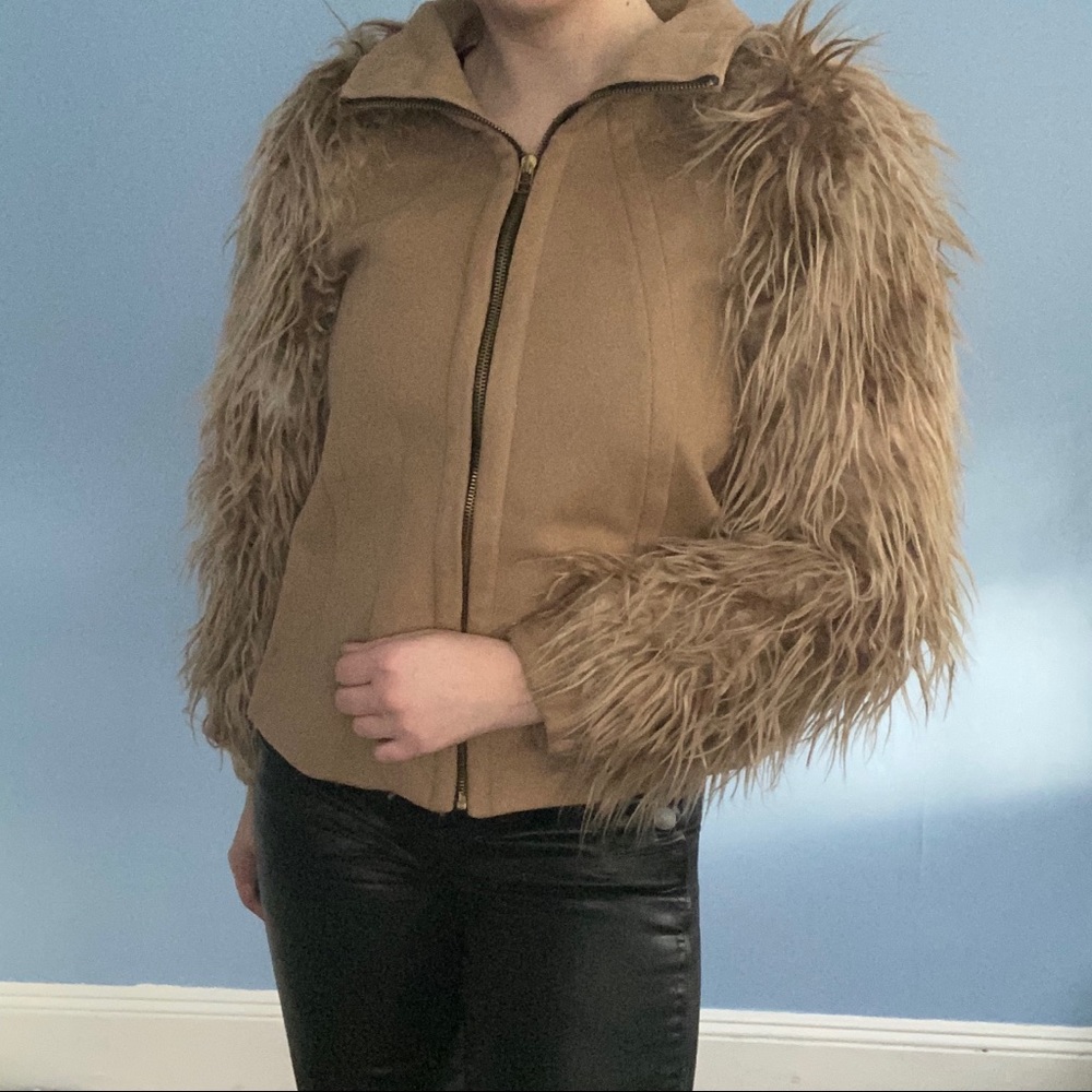 Zara Tan Wool Jacket with Faux Fur Sleeves